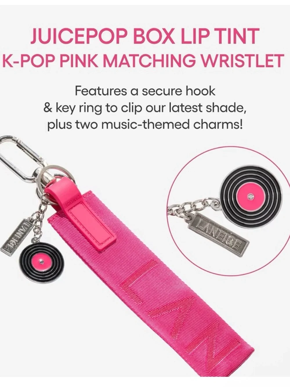 LANEIGE JuicePop Box Lip in K Pop Pink with Wristlet Keychain NWT